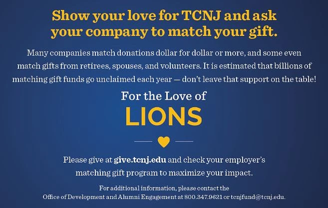 The image is a call for donations to TCNJ, encouraging people to request matching gifts from their employers to maximize impact.